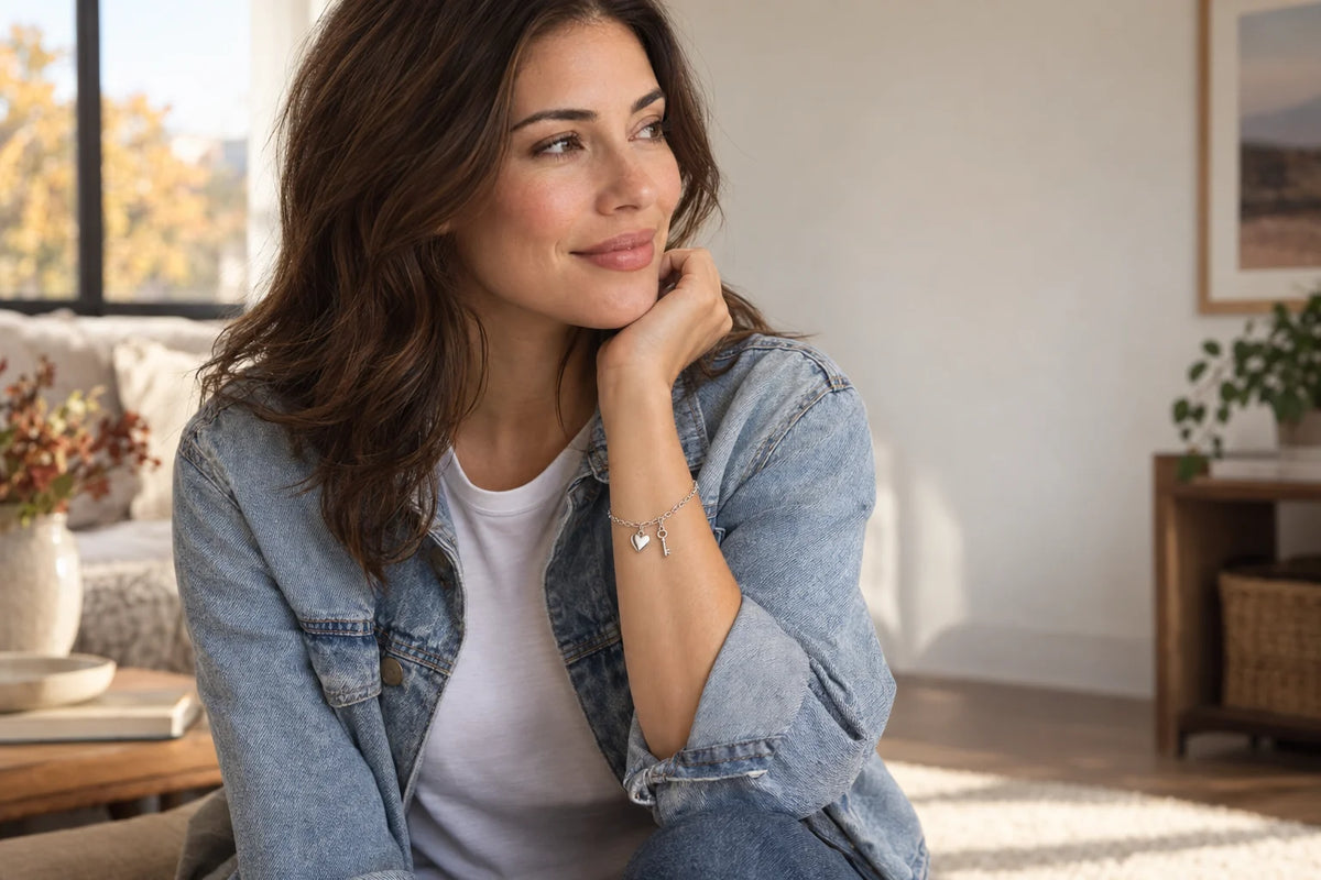 Woman in a white T-shirt and light denim jacket wearing a delicate silver-tone bracelet with a heart charm and a key charm.