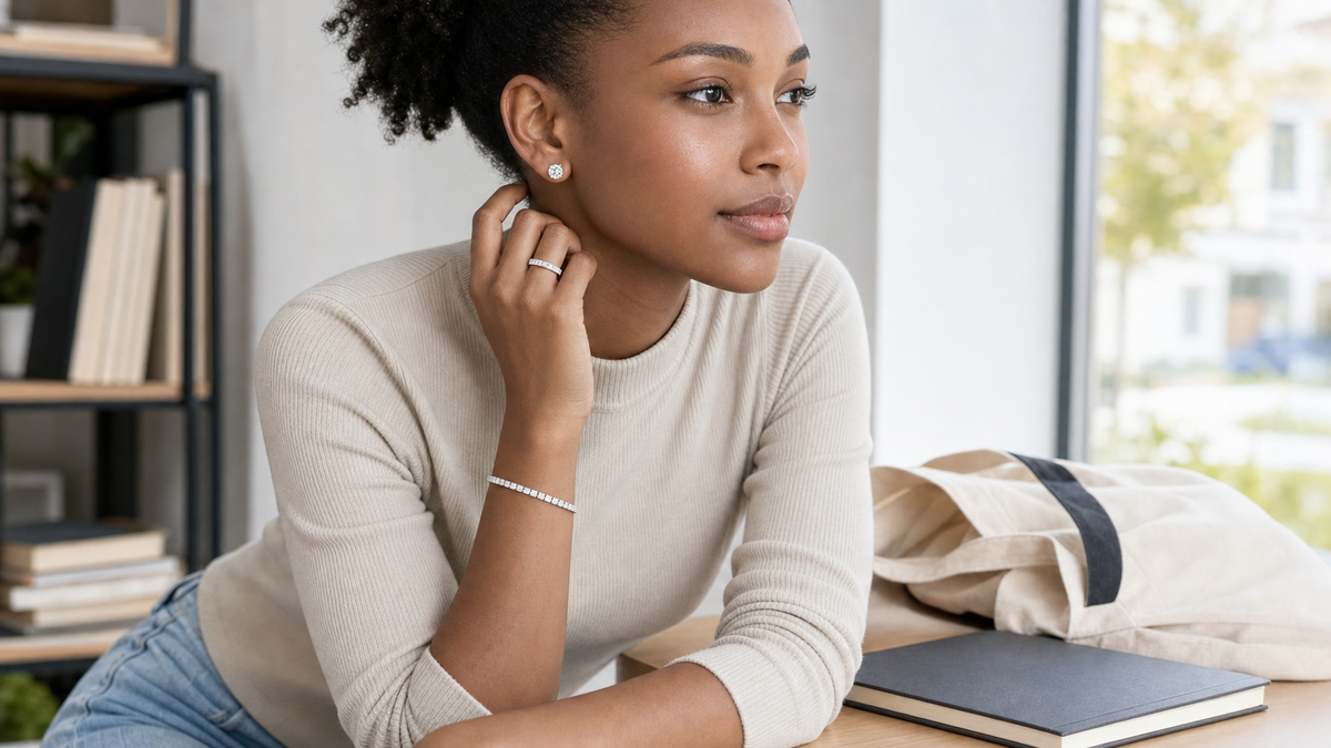 Woman wearing round silver-tone cubic zirconia studs, a tennis bracelet, and a channel-set band ring at a study desk