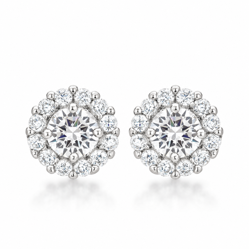 Bella Halo CZ Stud Earrings in Silver Tone, studio view.