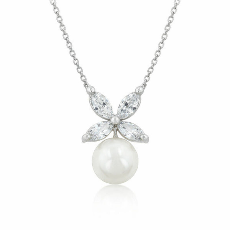 Front facing studio view of the butterfly cubic zirconia pendant showing the symmetrical wing layout and polished pearl surface