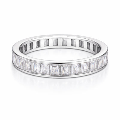Angled studio view of the channel set baguette cut cubic zirconia ring highlighting the linear baguette stones and polished band edges.