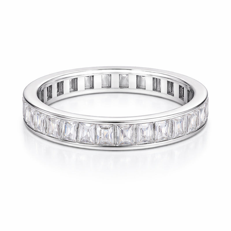 Angled studio view of the channel set baguette cut cubic zirconia ring highlighting the linear baguette stones and polished band edges.
