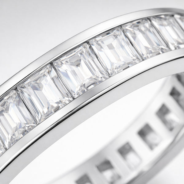 Studio view of the channel set baguette cut cubic zirconia ring showcasing the continuous channel setting and uniform rectangular stone alignment.