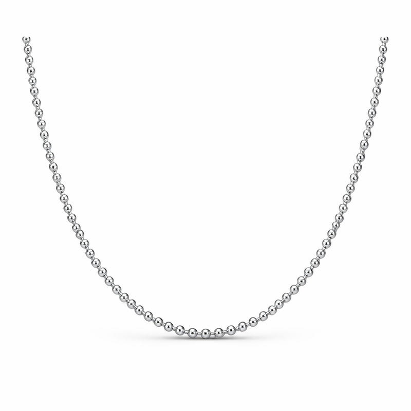 Full length studio view of a classic silver tone beaded chain necklace with evenly spaced round beads.