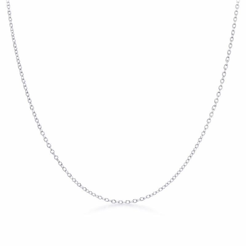 Full length view of a delicate silver tone cable chain necklace displayed symmetrically on a white background.