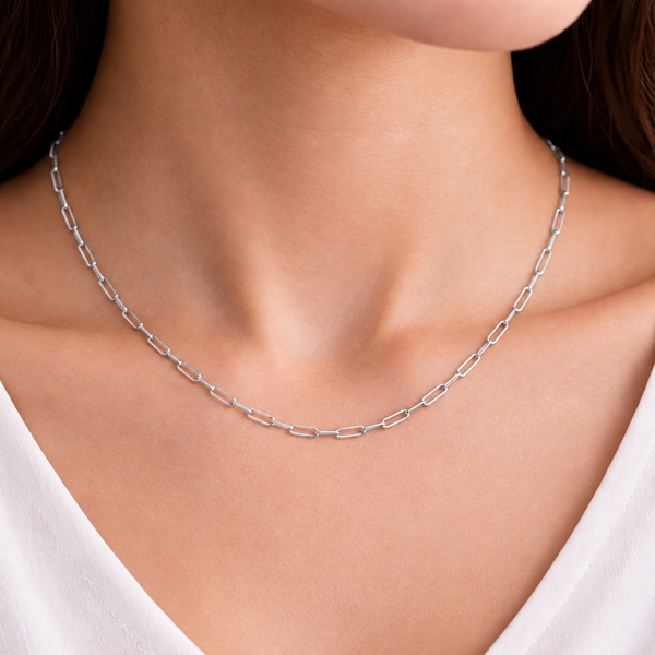 Endless Whisper Paperclip Chain Necklace in Silver Tone, worn on neck.