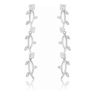 Studio view of drop earrings designed with a vine motif, featuring marquise-shaped elements and round cubic zirconia stones arranged along a vertical silver tone structure.