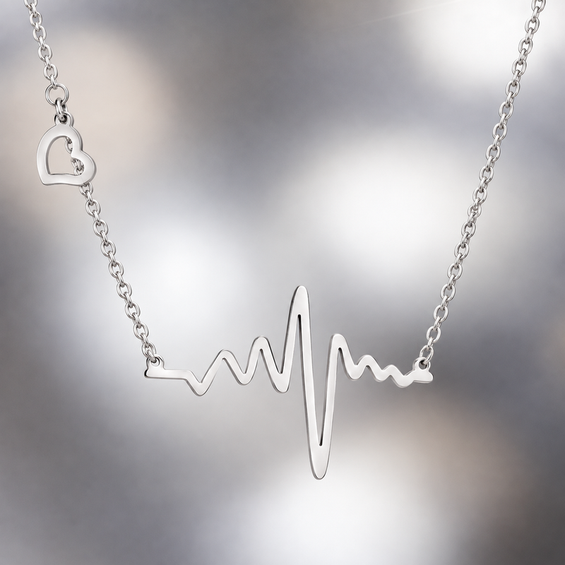 Heartbeat and Heart Necklace in Silver Tone, center stone detail.