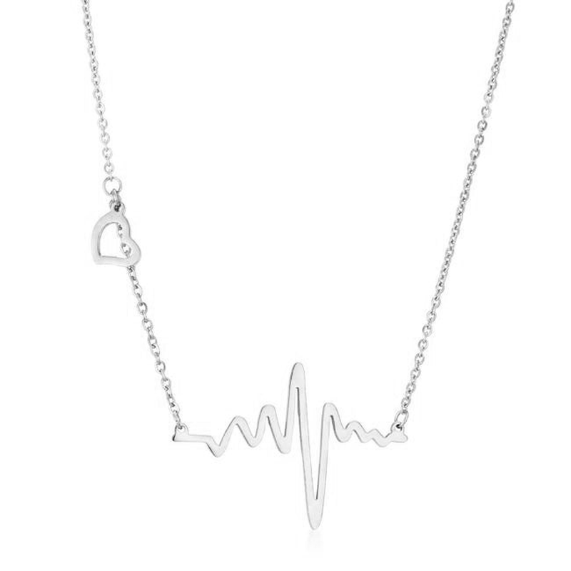 Heartbeat and Heart Necklace in Silver Tone, front view.
