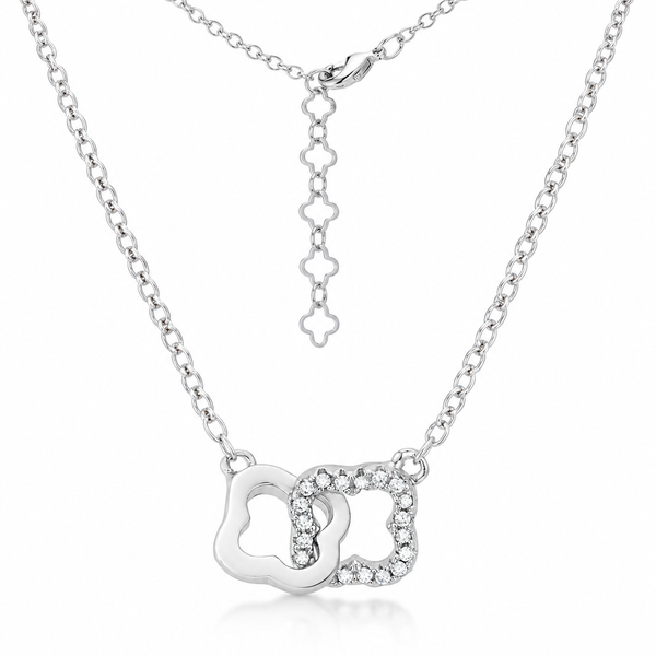 Interlocking Floral CZ Necklace in Silver Tone, angled product view.