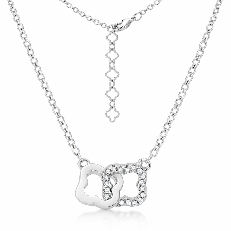 Interlocking Floral CZ Necklace in Silver Tone, angled product view.