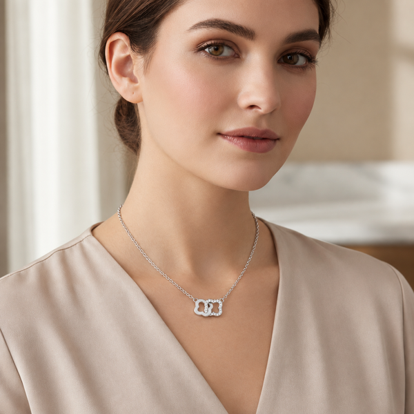 Interlocking Floral CZ Necklace in Silver Tone, worn look.