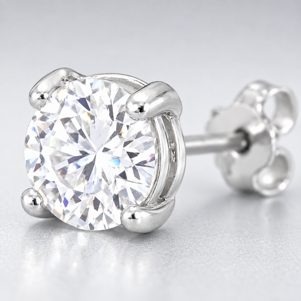 Jenny Round Clear Stone Stud Earrings in Silver Tone, close up single earring.