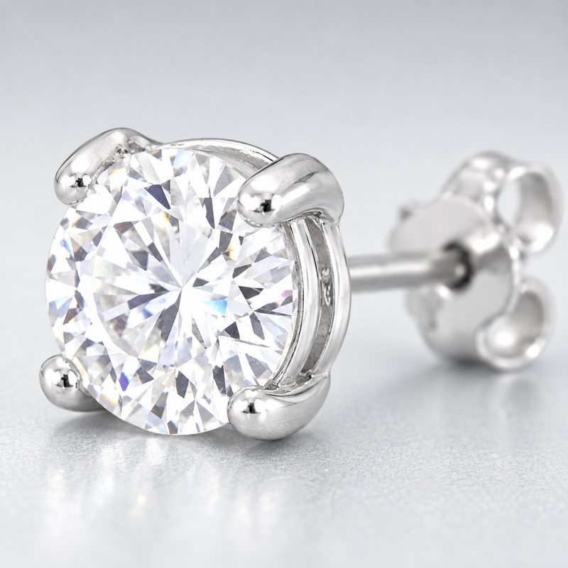 Jenny Round Clear Stone Stud Earrings in Silver Tone, close up single earring.