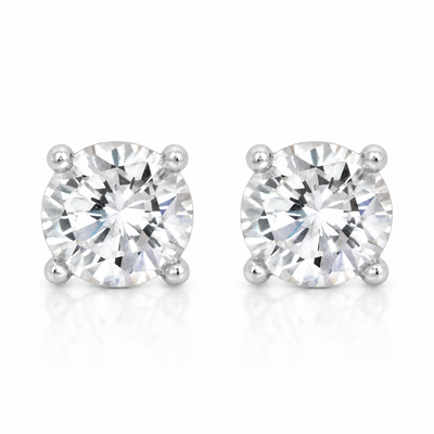 Jenny Round Clear Stone Stud Earrings in Silver Tone, studio view.