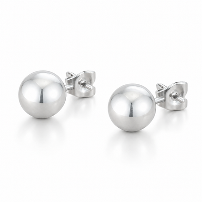 Julie Polished Ball Stud Earrings in Silver Tone, studio side view.