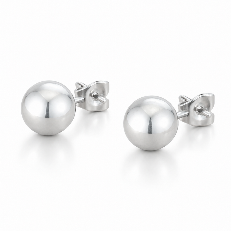 Julie Polished Ball Stud Earrings in Silver Tone, studio side view.