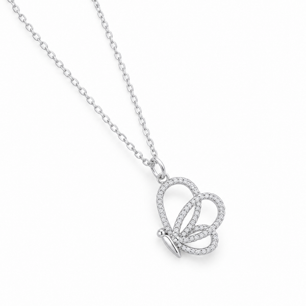 Open Butterfly Clear Stone Pendant in Silver Tone, angled view.