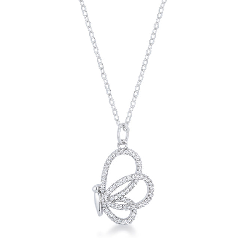 Open Butterfly Clear Stone Pendant in Silver Tone, studio view.