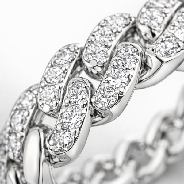 Close up view of the pavé chain link cubic zirconia ring highlighting the interlocking links and pavé stone setting.