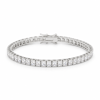 Full oval silver-tone tennis bracelet with clear square stones on white.