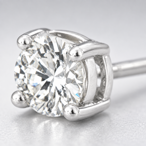 Rachel Round Clear Stone Stud Earrings in Silver Tone, close up single earring.