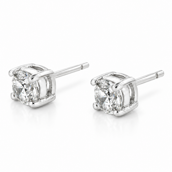 Rachel Round Clear Stone Stud Earrings in Silver Tone, studio side view.