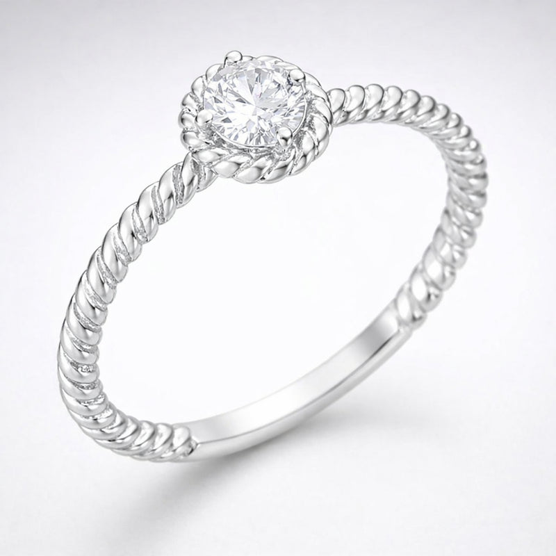 Side profile view of the rope style solitaire cubic zirconia ring showing the band curvature and solitaire setting height.