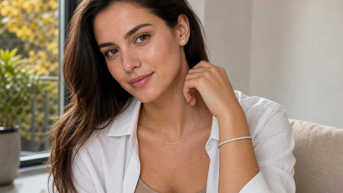 Woman in a white shirt wearing silver-tone cubic zirconia stud earrings, a plain cable-chain necklace, and a narrow tennis bracelet.