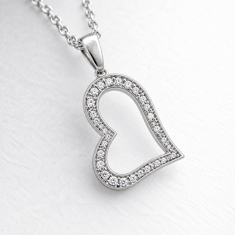 Asymmetric Heart Clear Stone Pendant in Silver Tone, close up.