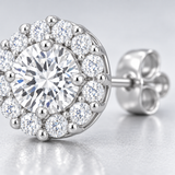 Bella Halo CZ Stud Earrings in Silver Tone, close up single earring.