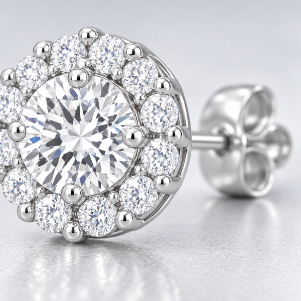 Bella Halo CZ Stud Earrings in Silver Tone, close up single earring.