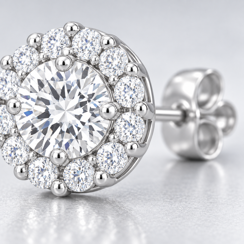 Bella Halo CZ Stud Earrings in Silver Tone, close up single earring.