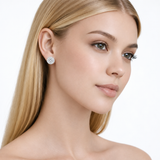 Bella Halo CZ Stud Earrings in Silver Tone, model view.