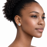 Bella Halo CZ Stud Earrings in Silver Tone, on model.