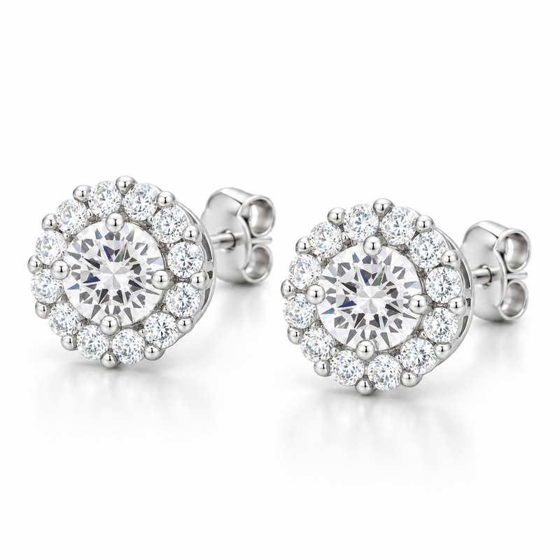 Bella Halo CZ Stud Earrings in Silver Tone, studio side view.