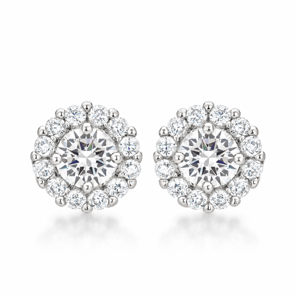 Bella Halo CZ Stud Earrings in Silver Tone, studio view.