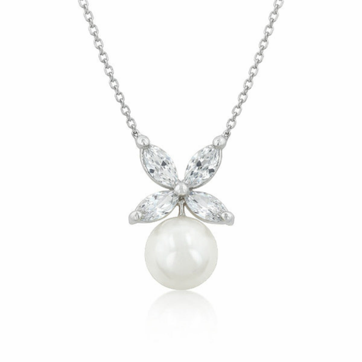 Front facing studio view of the butterfly cubic zirconia pendant showing the symmetrical wing layout and polished pearl surface