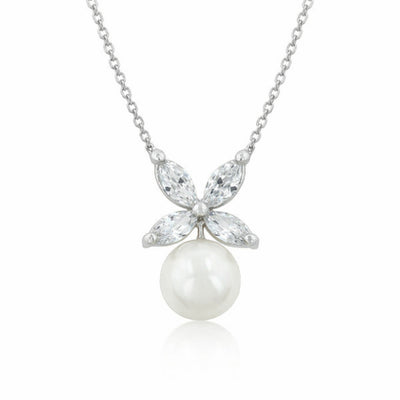 Front facing studio view of the butterfly cubic zirconia pendant showing the symmetrical wing layout and polished pearl surface