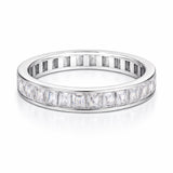 Angled studio view of the channel set baguette cut cubic zirconia ring highlighting the linear baguette stones and polished band edges.