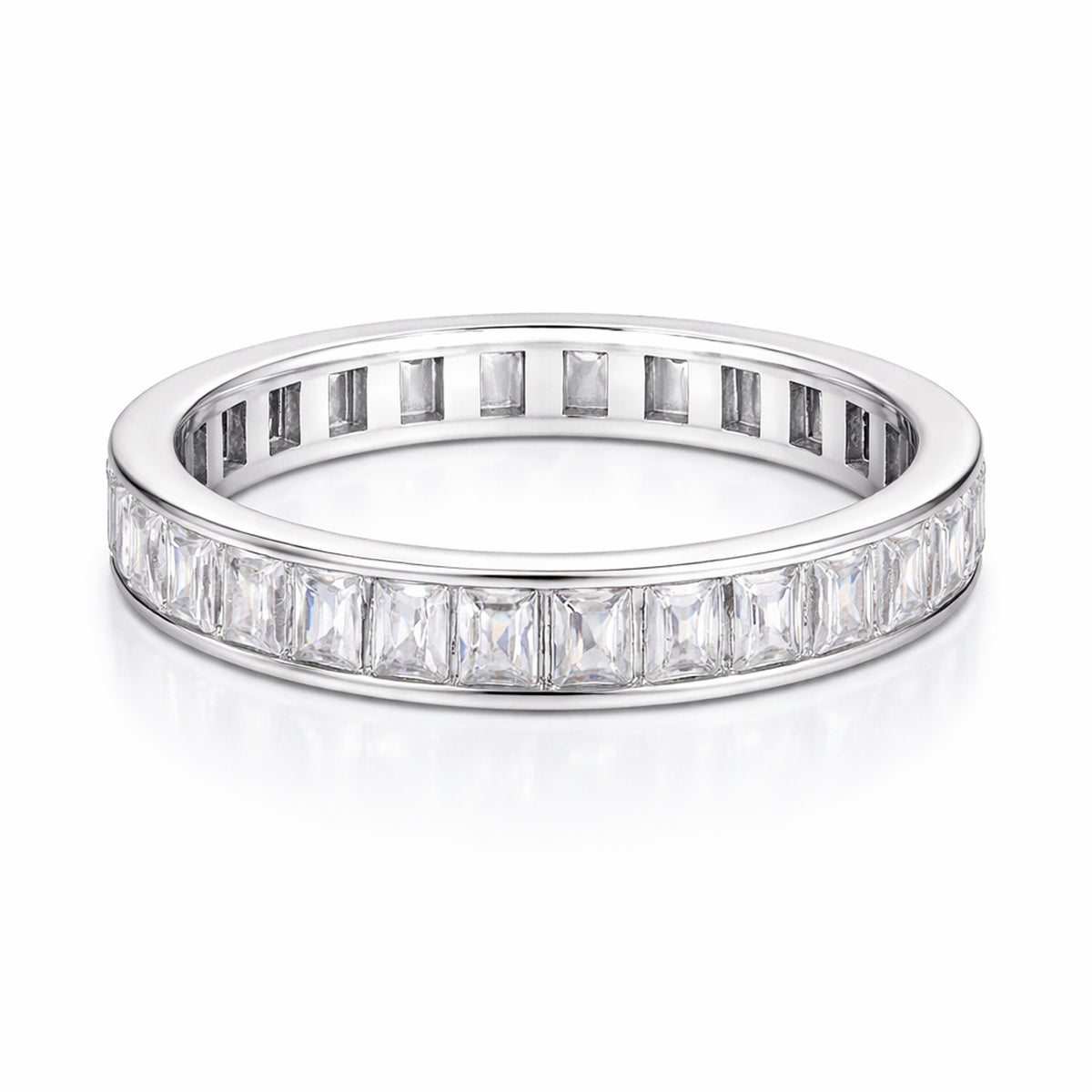 Angled studio view of the channel set baguette cut cubic zirconia ring highlighting the linear baguette stones and polished band edges.