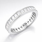 Studio view of a channel set baguette cut cubic zirconia ring in silver tone finish, shown centered on a white background and displaying the full ring profile.