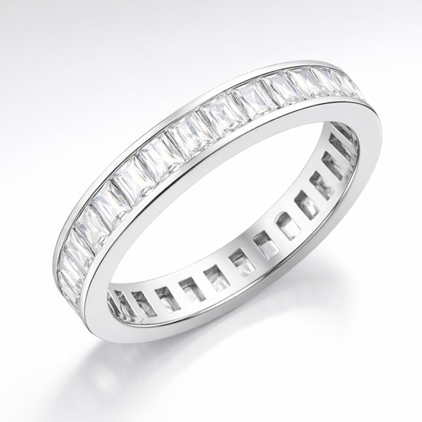 Studio view of a channel set baguette cut cubic zirconia ring in silver tone finish, shown centered on a white background and displaying the full ring profile.