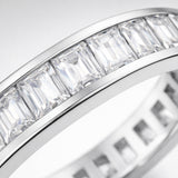 Studio view of the channel set baguette cut cubic zirconia ring showcasing the continuous channel setting and uniform rectangular stone alignment.