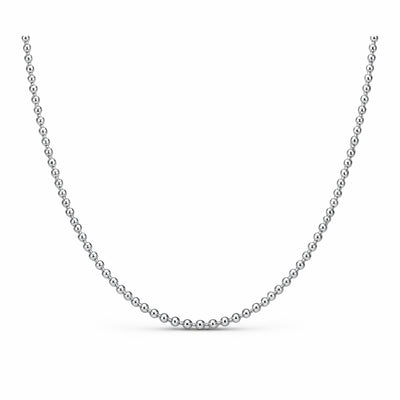 Full length studio view of a classic silver tone beaded chain necklace with evenly spaced round beads.