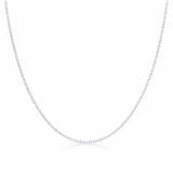 Full length view of a delicate silver tone cable chain necklace displayed symmetrically on a white background.