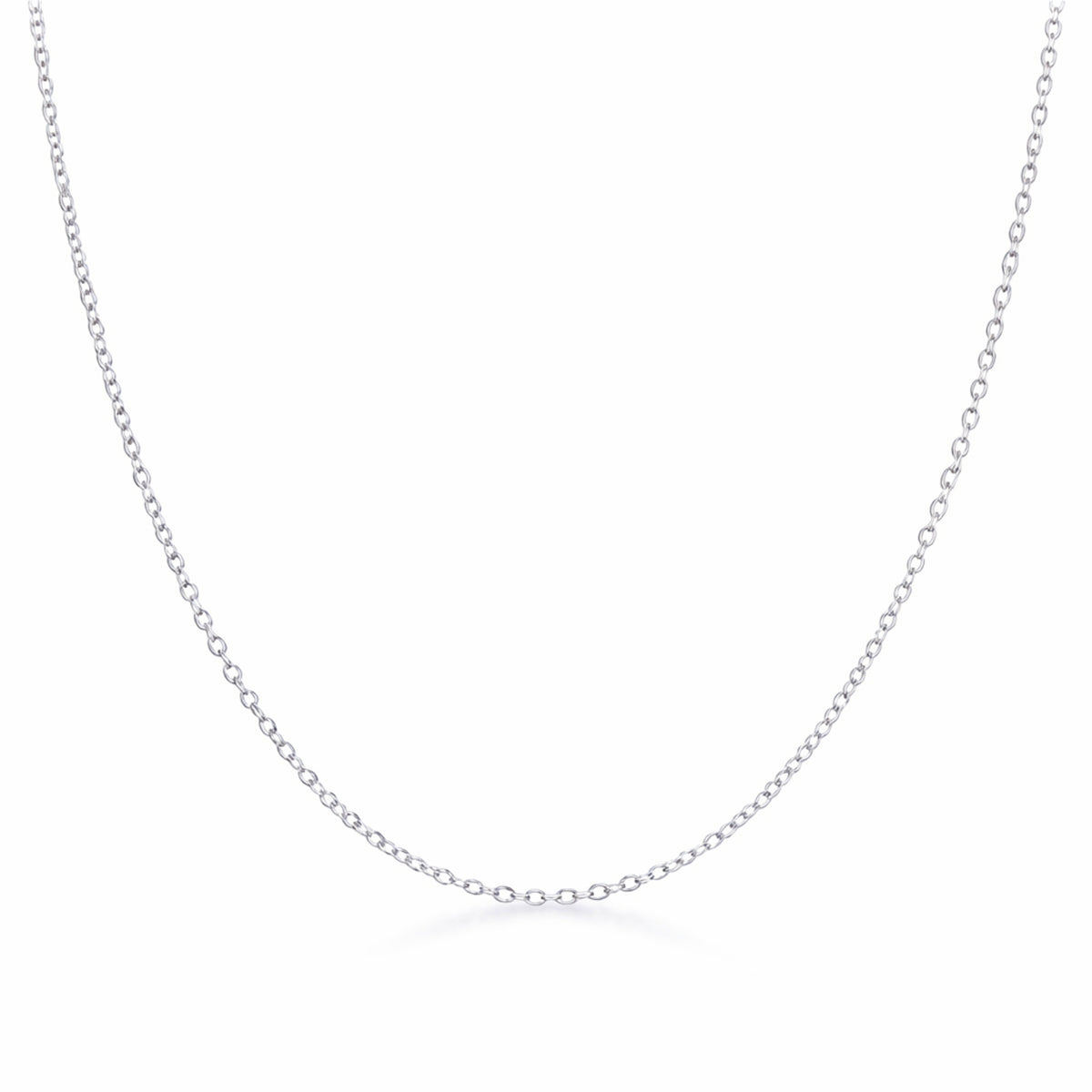 Full length view of a delicate silver tone cable chain necklace displayed symmetrically on a white background.