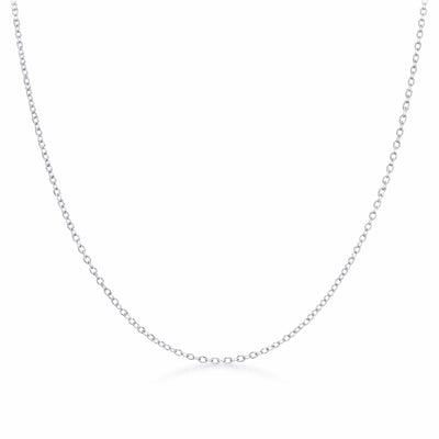 Full length view of a delicate silver tone cable chain necklace displayed symmetrically on a white background.