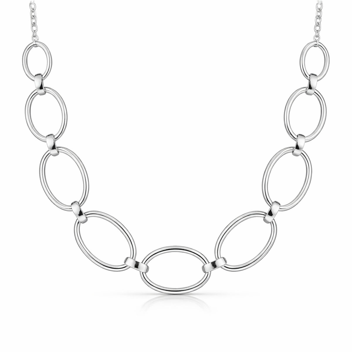 Front facing studio image of an oval link chain necklace featuring polished silver tone links.
