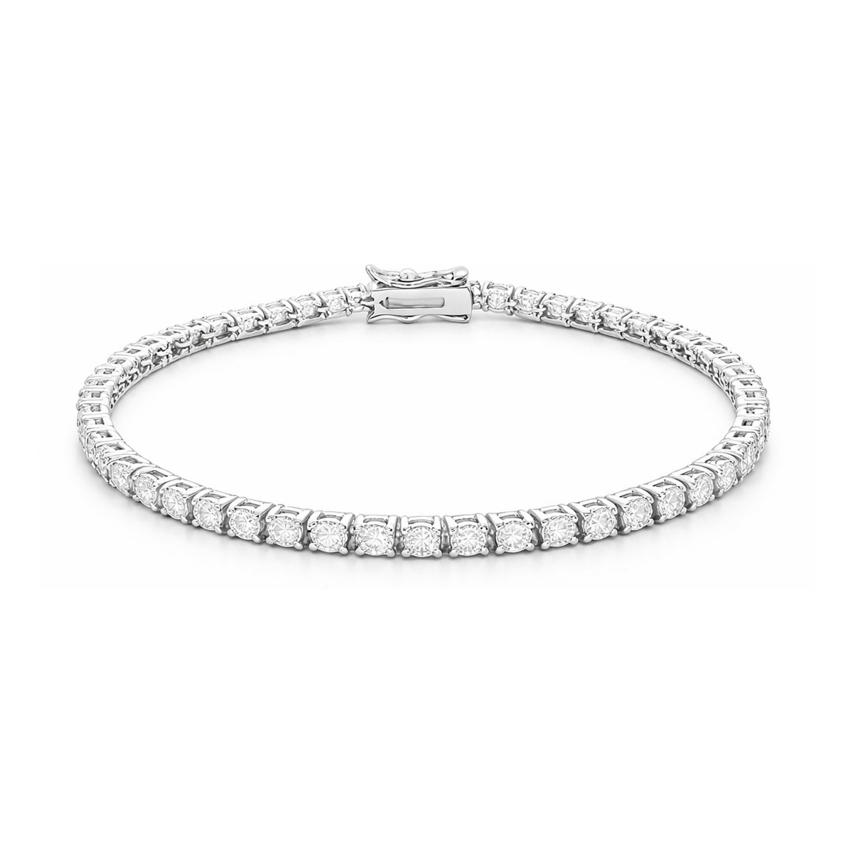 Studio view of a classic tennis bracelet featuring a continuous row of round cubic zirconia stones set in a silver tone finish with a box clasp closure.